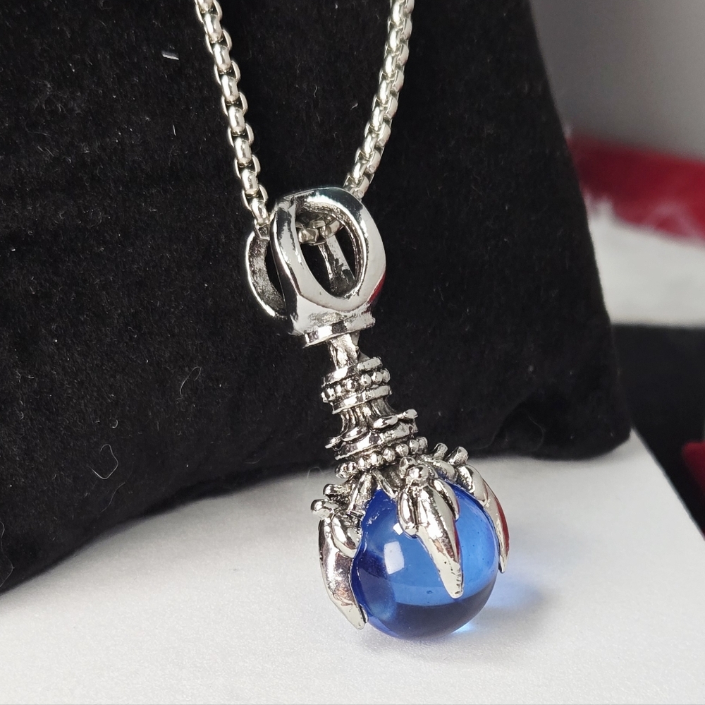 Dragon Claw Crystal Ball Necklace Stainless Steel Blue Orb Viking Pendant 24”